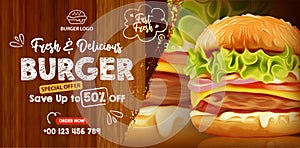 Fresh and delicious homemade beef burger social media background