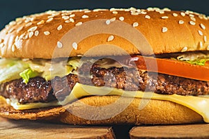 Fresh delicious homemade burger or hamburger with juicy meat, cheese and vegetables, fast food, macro photo
