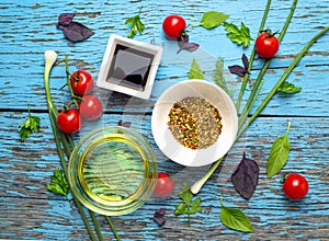 Fresh delicious ingredients for healthy cooking or salad making on rustic background, top view, banner.