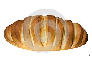 Fresh delicious loaf, bread isolated on white background. Top view