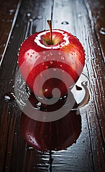 Red apple with water drops on a floor ai genareted photo