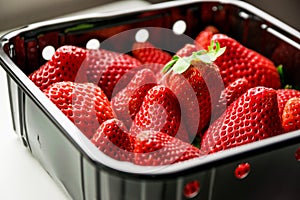 Fresh delicious strawberries background in a plastic box or basket. Strawberry