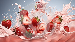 Fresh and delicious strawberries fruits and strawberry milk splash isolated on blue background, close up shot. Generative AI