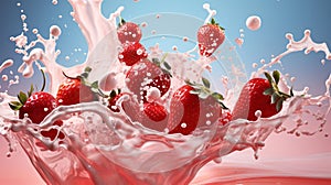 Fresh and delicious strawberries fruits and strawberry milk splash isolated on blue background, close up shot. Generative AI
