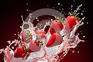 Fresh and delicious strawberries fruits and strawberry milk splash isolated on dark background, close up shot. Generative AI