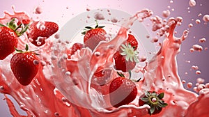 Fresh and delicious strawberries fruits and strawberry milk splash isolated on pink background, close up shot. Generative AI