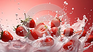 Fresh and delicious strawberries fruits and strawberry milk splash isolated on red background, close up shot. Generative AI