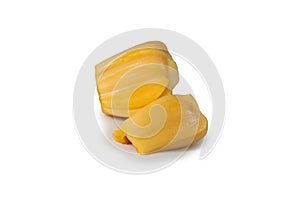 Fresh delicious two flesh of jackfruit isolated on clean white b