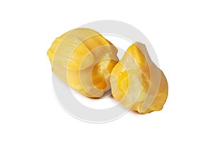 Fresh delicious two flesh of jackfruit isolated on clean white b