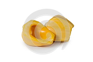 Fresh delicious two flesh of jackfruit isolated on clean white b