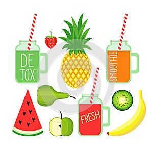 Fresh detox smoothies with strawberry, banana, pineapple, apple,pear, watermelon and kiwi.