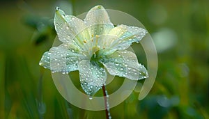 Fresh dew drops on a single flower in a green meadow generated