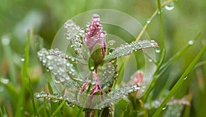 Fresh dew drops on a single flower in a green meadow generated