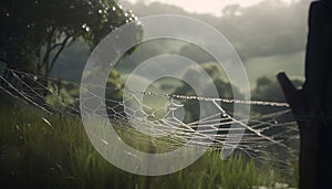 Fresh dew drops on spider web in spooky forest meadow generated by AI