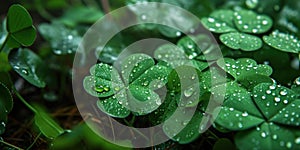 Fresh dew drops on vibrant green clover leaves