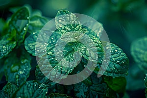 Fresh Dew Drops on Vibrant Green Mint Leaves Macro Shot Nature\'s Texture and Beauty Captured in Morning Light