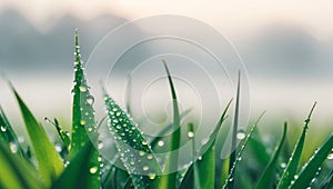 Fresh dewdrops on lush green grass morning mist nature scene tranquil landscape closeup view travel inspiration. photo