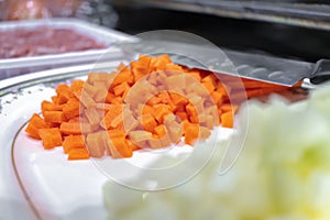 Fresh Diced Raw Carrots being Prepared