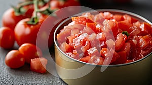 Fresh diced tomatoes in a metal bowl, close-up