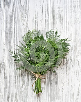 Fresh dill herbs in a bunch. Aromatic healthy spices on a light wooden background