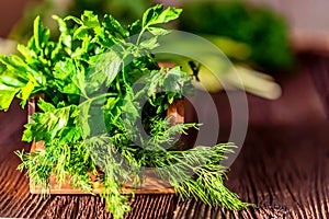 Fresh dill and parsley in wooden box close