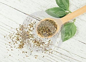 Fresh and dried basil plant for healthy cooking, herbs and spices.