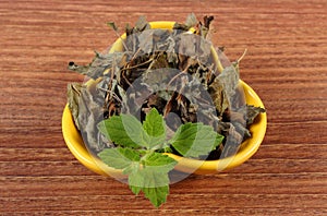 Fresh and dried lemon balm in bowl on wooden table, herbalism