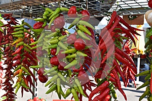 Fresh and dried red and green chili peppers hanging in the morning Market,