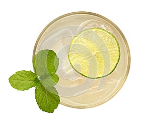 Fresh drink cocktail with mint and lime top view isolated on white background