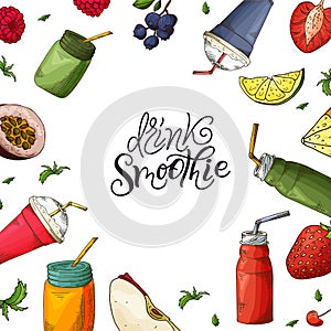 Fresh drink menu. Template design banner with smoothie in sketch style. Detox cocktail made from fruits and vegetables with