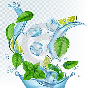 Fresh drink vector illustration. Realistic water, ice cubes, mint leaves and lime isolated on transparent background