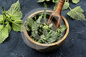 Fresh and dry nettle or urtica in wooden mortar