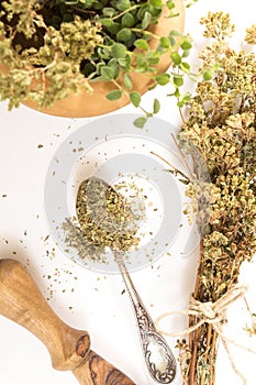 Fresh dry oregano on antique spoon and wooden mortar with pestle on withe background.