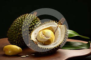 Fresh durian fruit with green leaf on black background