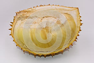 Fresh durian sarcocarp with shells on white background