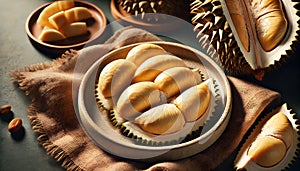 Fresh durian segments on a rustic plate