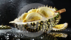 Fresh durian with water droplets on black background. Ripe tropical fruit