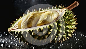 Fresh durian with water droplets on black background. Ripe tropical fruit