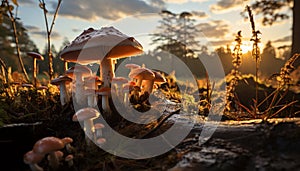 Fresh edible mushroom growth in uncultivated forest, autumn season generated by AI