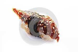 Fresh eel sushi over white background