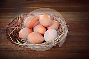 Fresh egg in bamboo basket on wood table