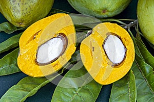 Fresh Egg fruit , Canistel, Tiesa, Yellow sapote Scientific name is Pouteria campechiana Kunth Baehni with leaf