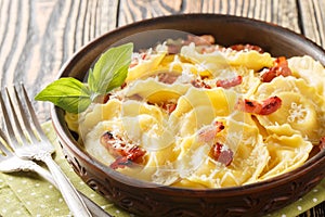 Fresh egg pasta Girasoli sunflower shaped with cheese, basil and bacon on plate. Horizontal photo