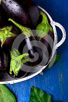 Fresh eggplant in grey basket on blue wooden table.Rustic background. Top view. Copy space. Vegan vegetable.