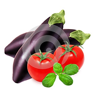 Fresh eggplant, red tomatoes and basil