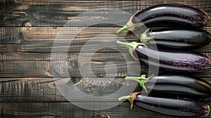 Fresh eggplants on dark wooden background