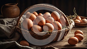 Fresh eggs in a basket in the kitchen