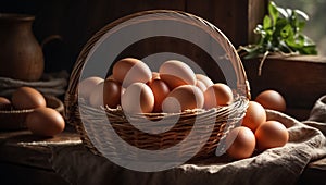 Fresh eggs in a basket in the kitchen natural