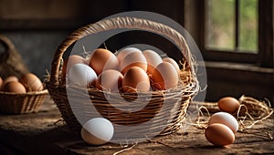 Fresh eggs in a basket in the kitchen natural rustic