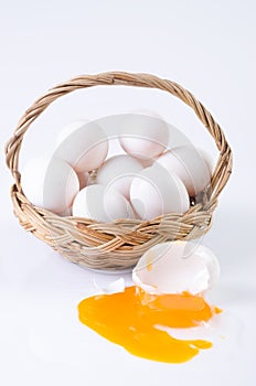 Fresh, eggs in basket on white background